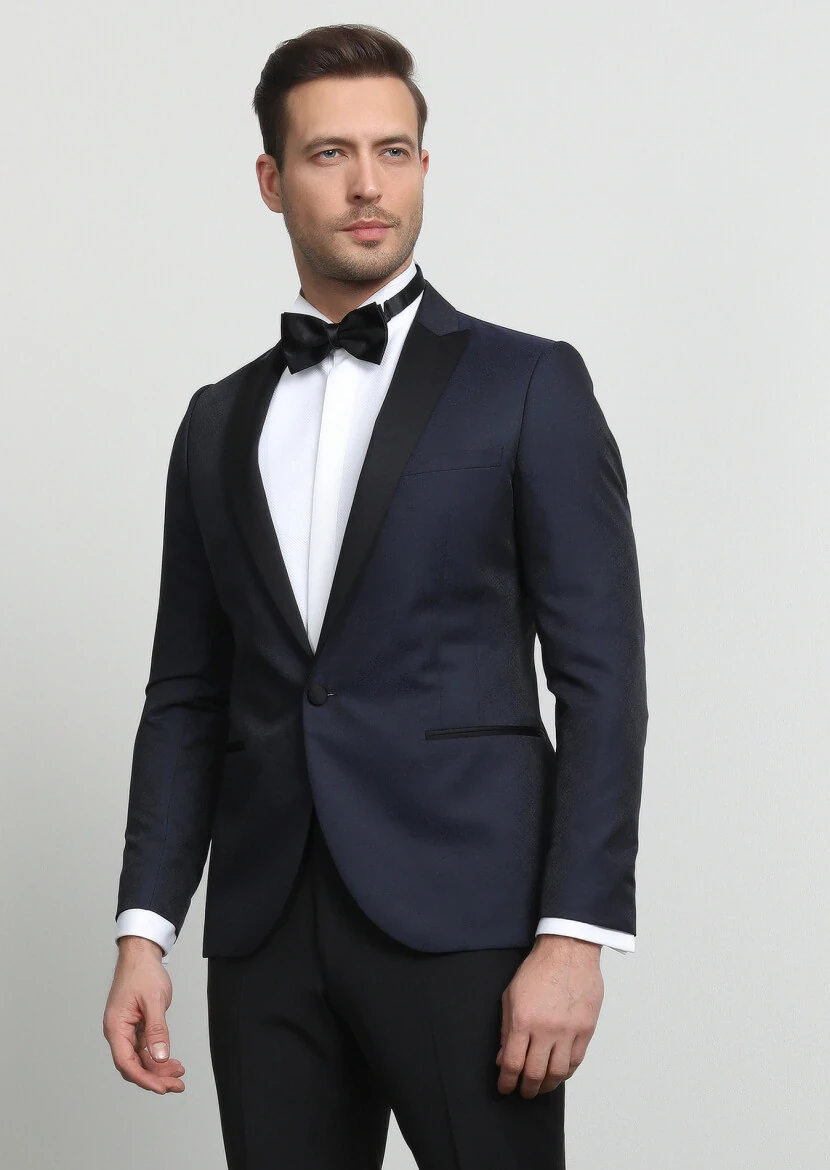 Navy Blue Patterned Fashion Slim Fit Double Breasted Collar Weaving Tuxedo - 1