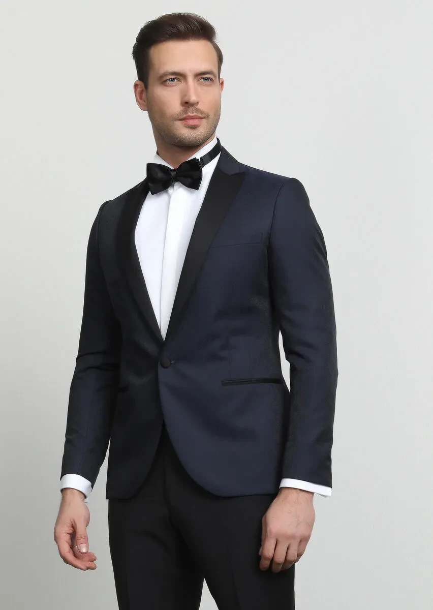 Navy Blue Patterned Fashion Slim Fit Double Breasted Collar Weaving Tuxedo - 1