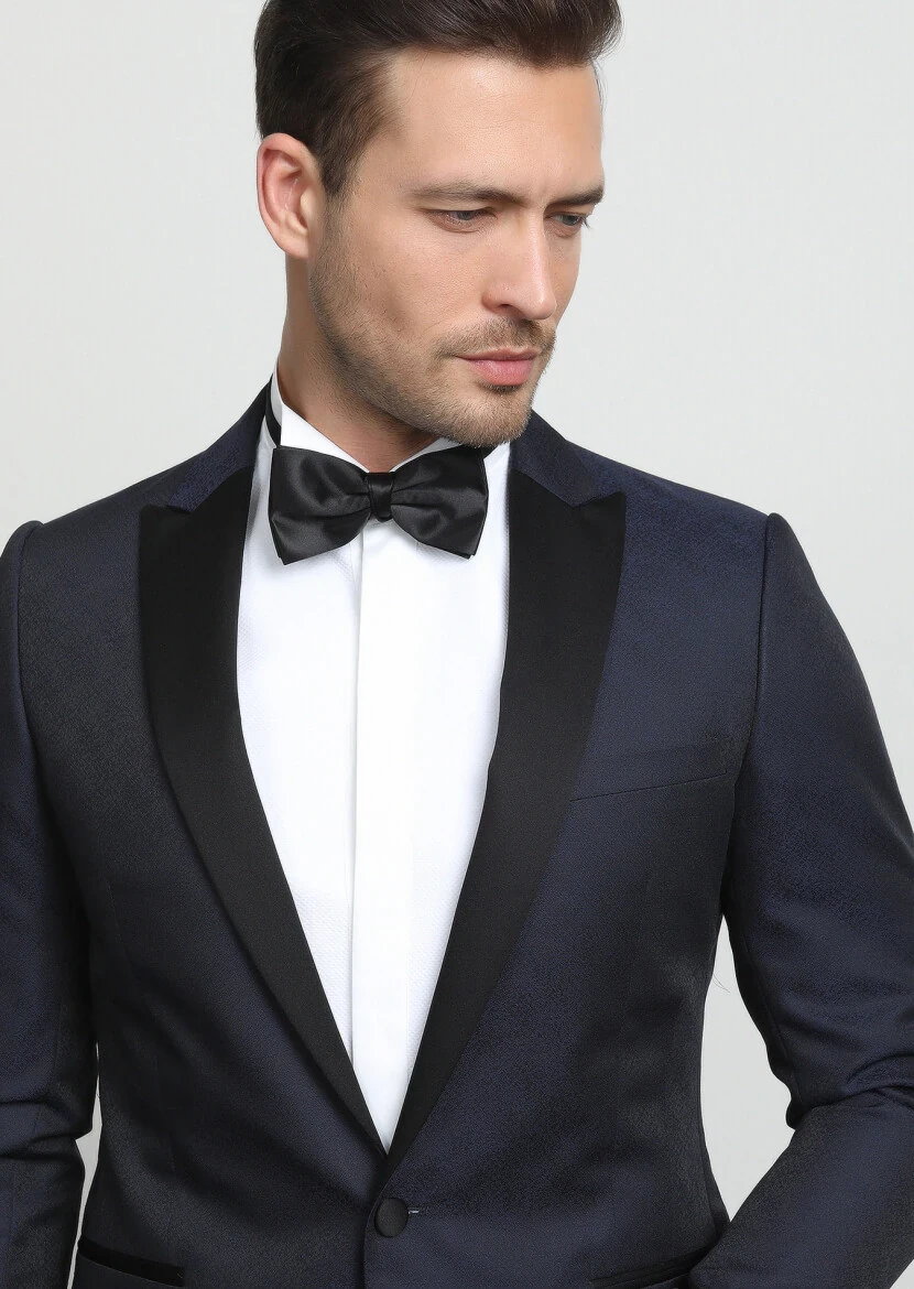 Navy Blue Patterned Fashion Slim Fit Double Breasted Collar Weaving Tuxedo - 2
