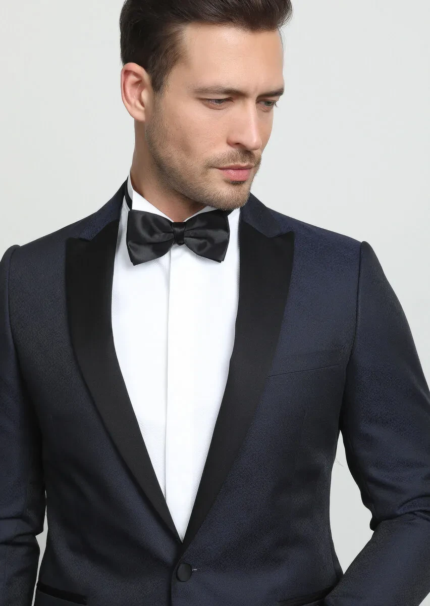 Navy Blue Patterned Fashion Slim Fit Double Breasted Collar Weaving Tuxedo - 2