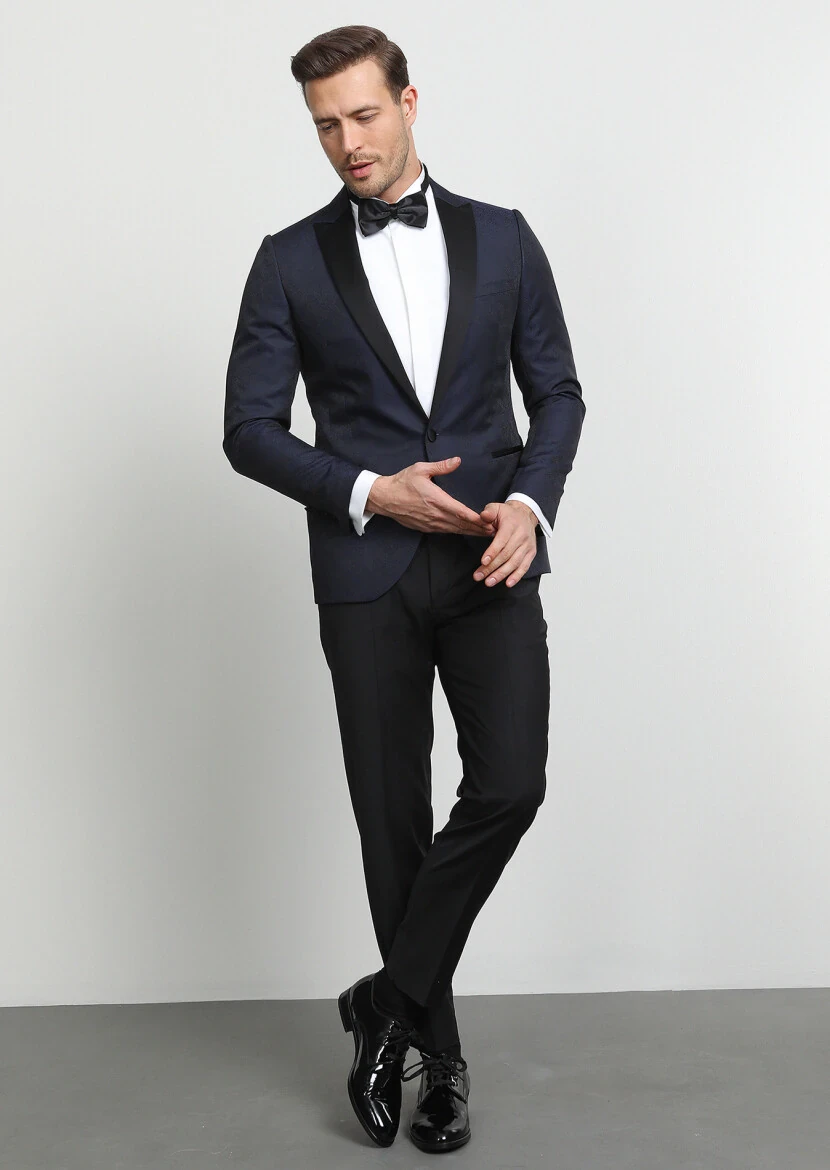 Navy Blue Patterned Fashion Slim Fit Double Breasted Collar Weaving Tuxedo - 3