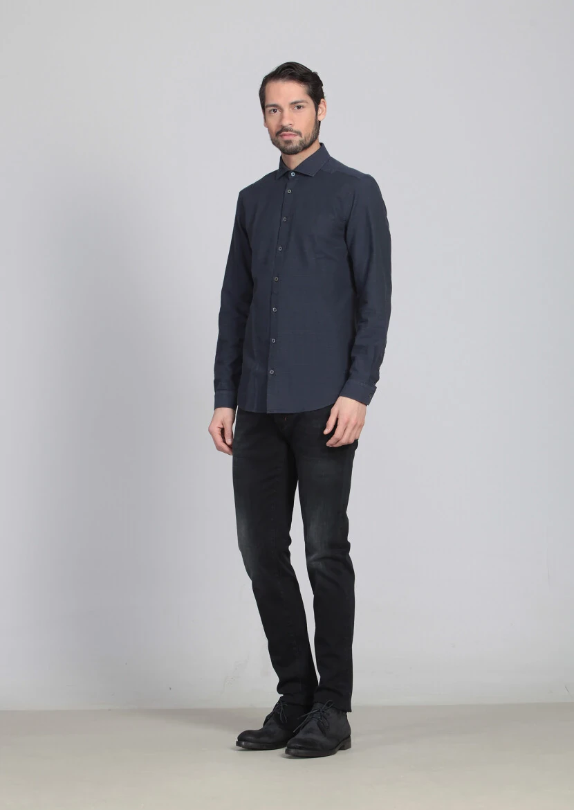 Navy Blue Patterned Fitted Fit Weaving Casual 100% Cotton Shirt - 2