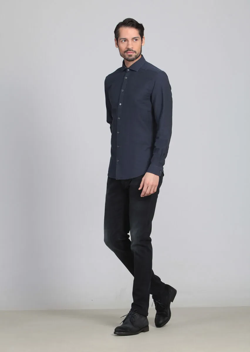 Navy Blue Patterned Fitted Fit Weaving Casual 100% Cotton Shirt - 3