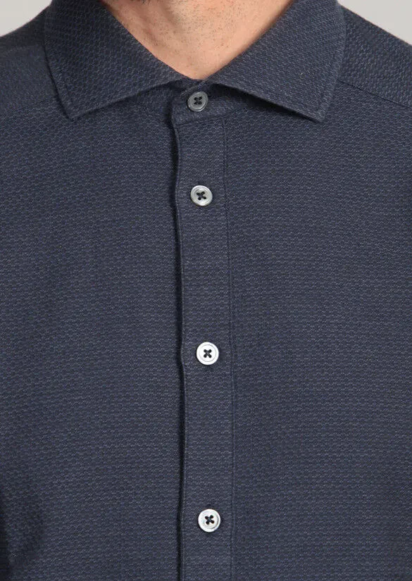 Navy Blue Patterned Fitted Fit Weaving Casual 100% Cotton Shirt - 4