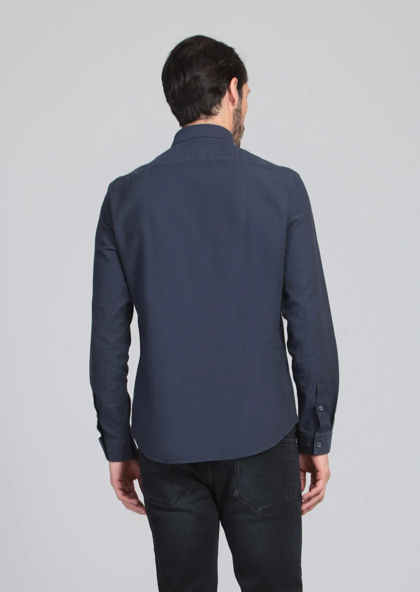 Navy Blue Patterned Fitted Fit Weaving Casual 100% Cotton Shirt - 5