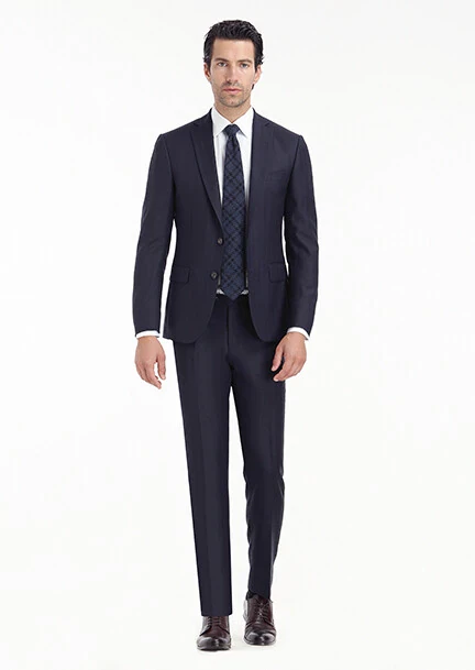 Navy Blue Patterned Modern Fit 100% Wool Suit - 1