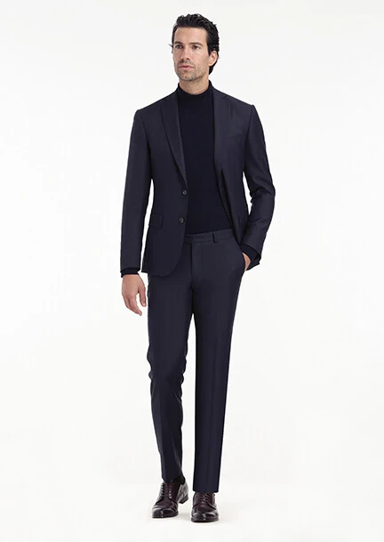 Navy Blue Patterned Modern Fit 100% Wool Suit - 2