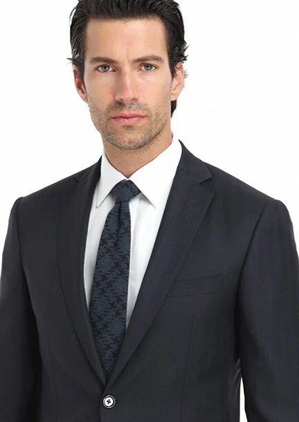 Navy Blue Patterned Modern Fit 100% Wool Suit - 3