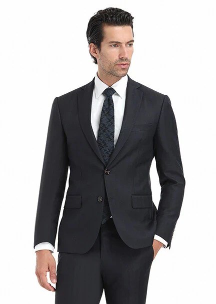 Navy Blue Patterned Modern Fit 100% Wool Suit - 4