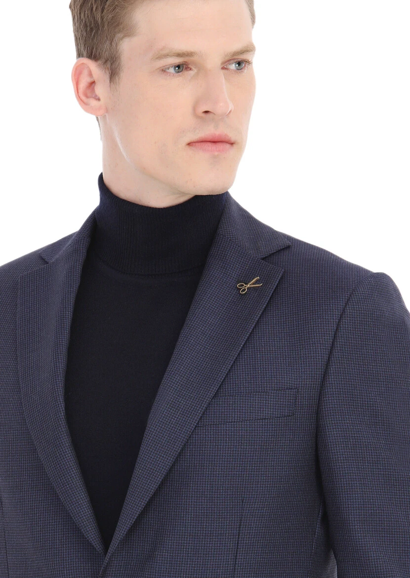 Navy Blue Patterned Modern Fit 100% Wool Suit - 4
