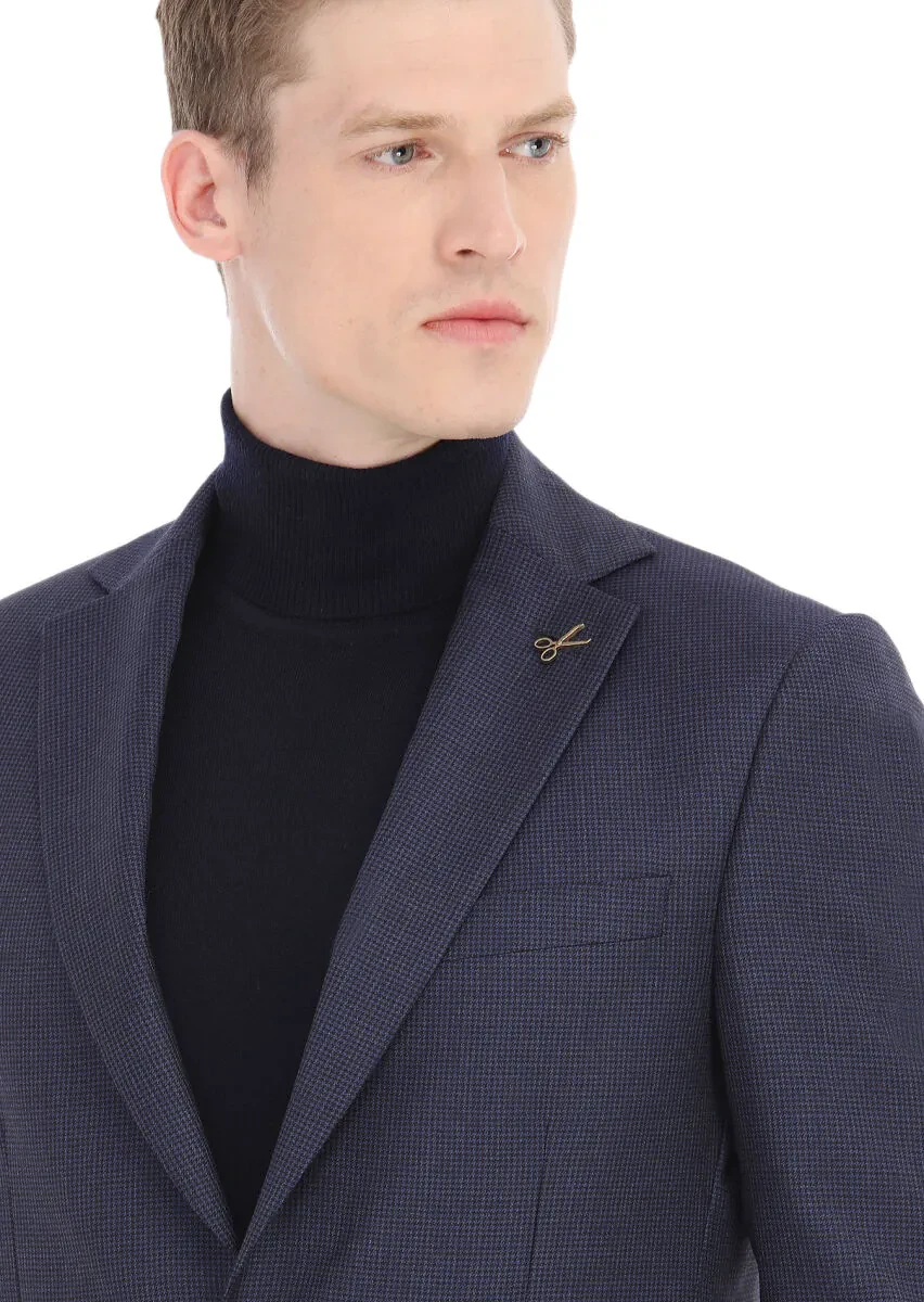 Navy Blue Patterned Modern Fit 100% Wool Suit - 4