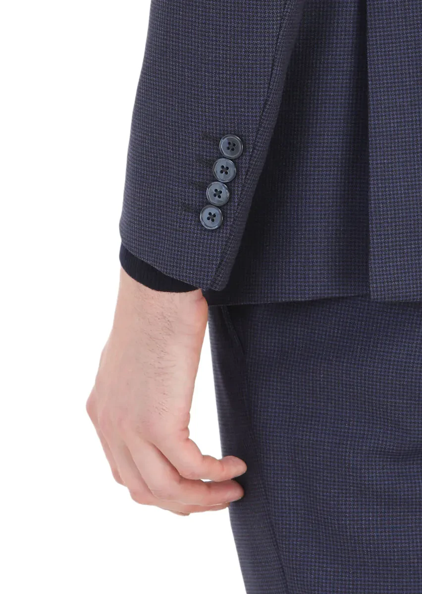 Navy Blue Patterned Modern Fit 100% Wool Suit - 5