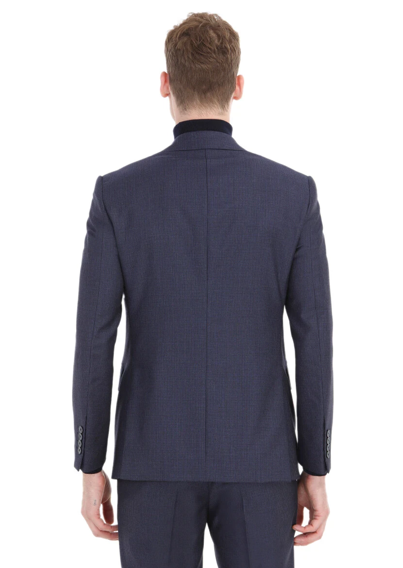 Navy Blue Patterned Modern Fit 100% Wool Suit - 6