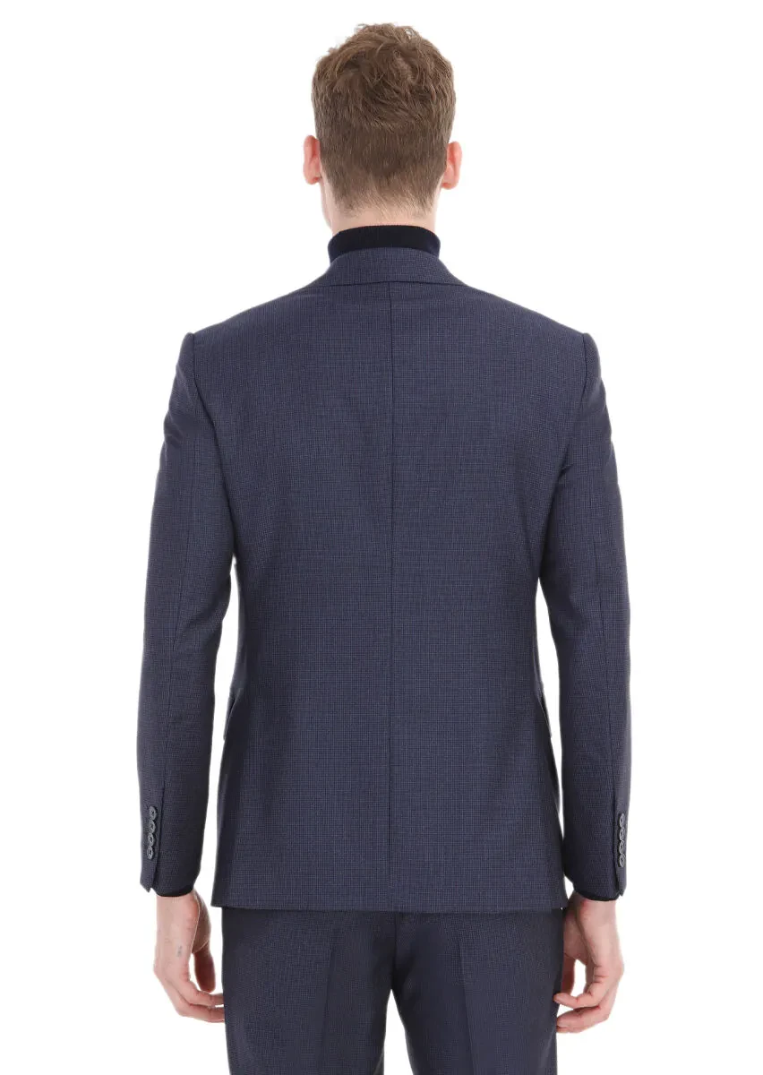 Navy Blue Patterned Modern Fit 100% Wool Suit - 6