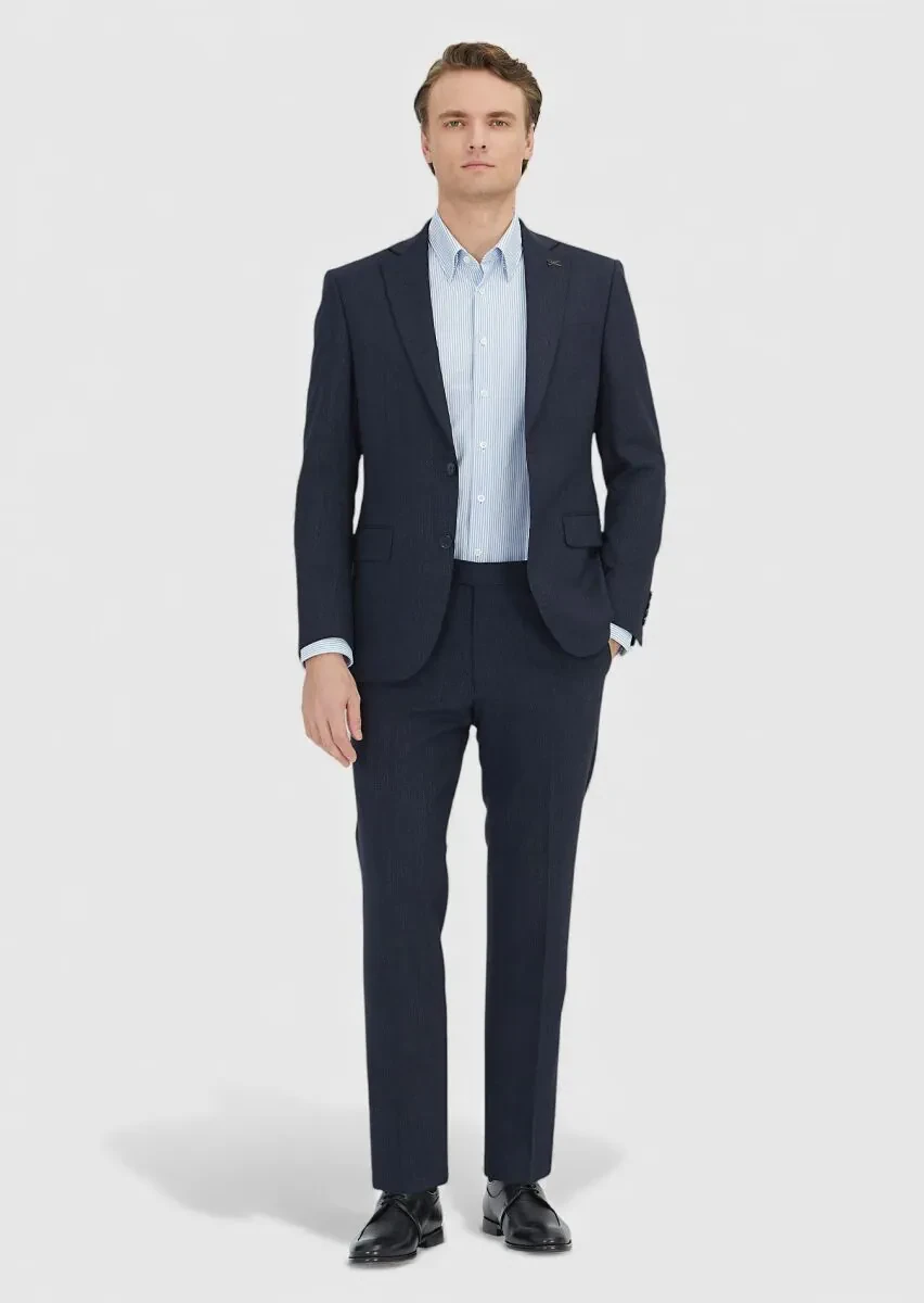 Navy Blue Patterned Modern Fit Wool Blended Suit - 1