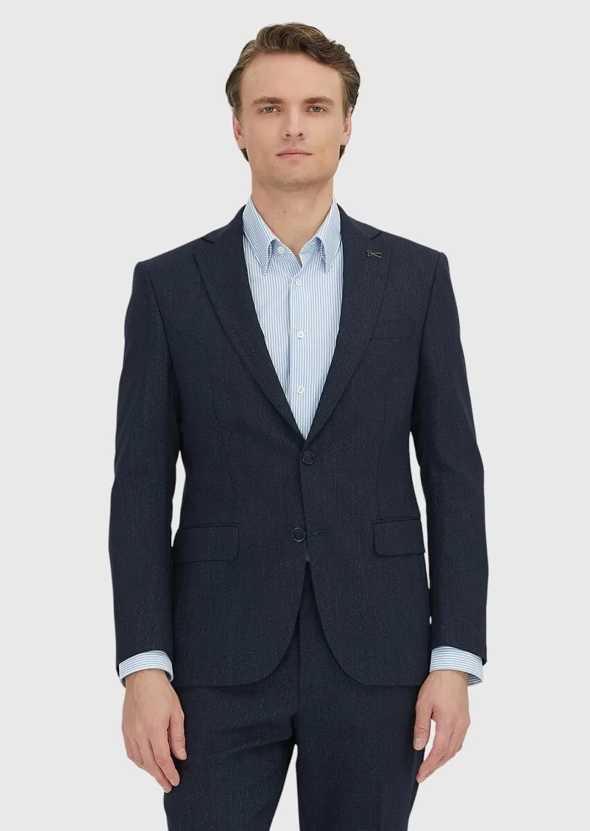 Navy Blue Patterned Modern Fit Wool Blended Suit - 2