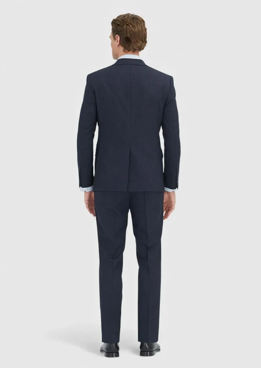 Navy Blue Patterned Modern Fit Wool Blended Suit - 5