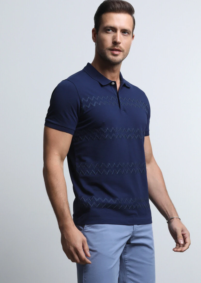 Navy Blue Patterned Polo Neck 100% Cotton T-Shirt - 1