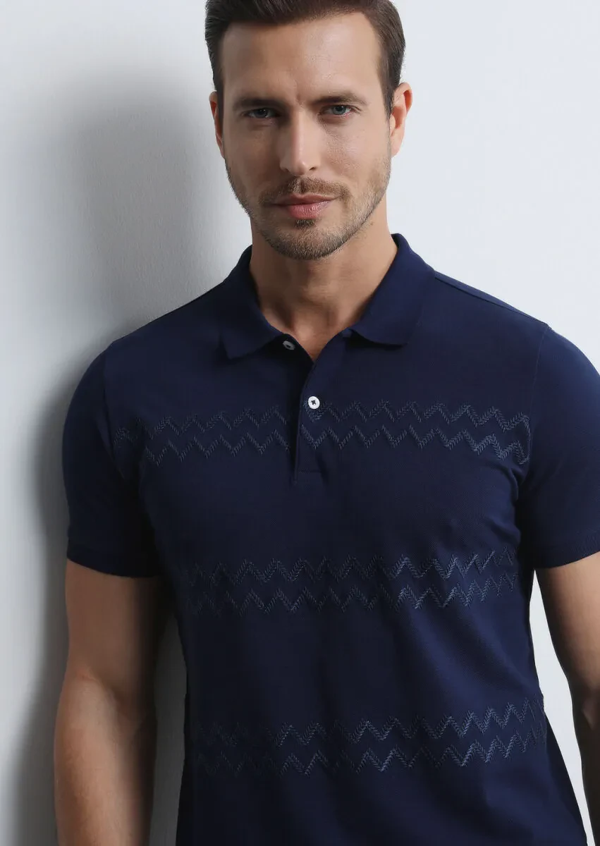 Navy Blue Patterned Polo Neck 100% Cotton T-Shirt - 2