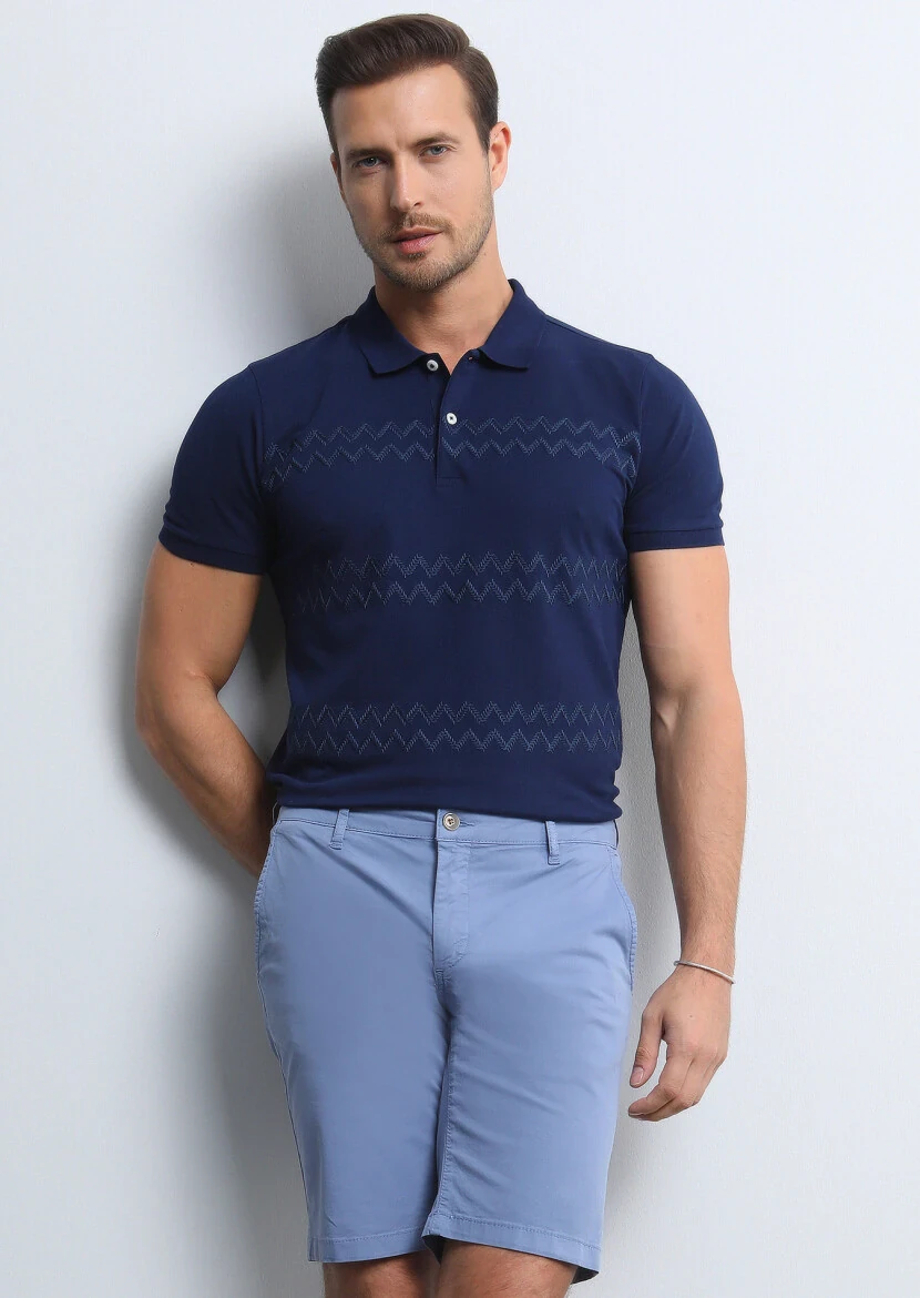 Navy Blue Patterned Polo Neck 100% Cotton T-Shirt - 3