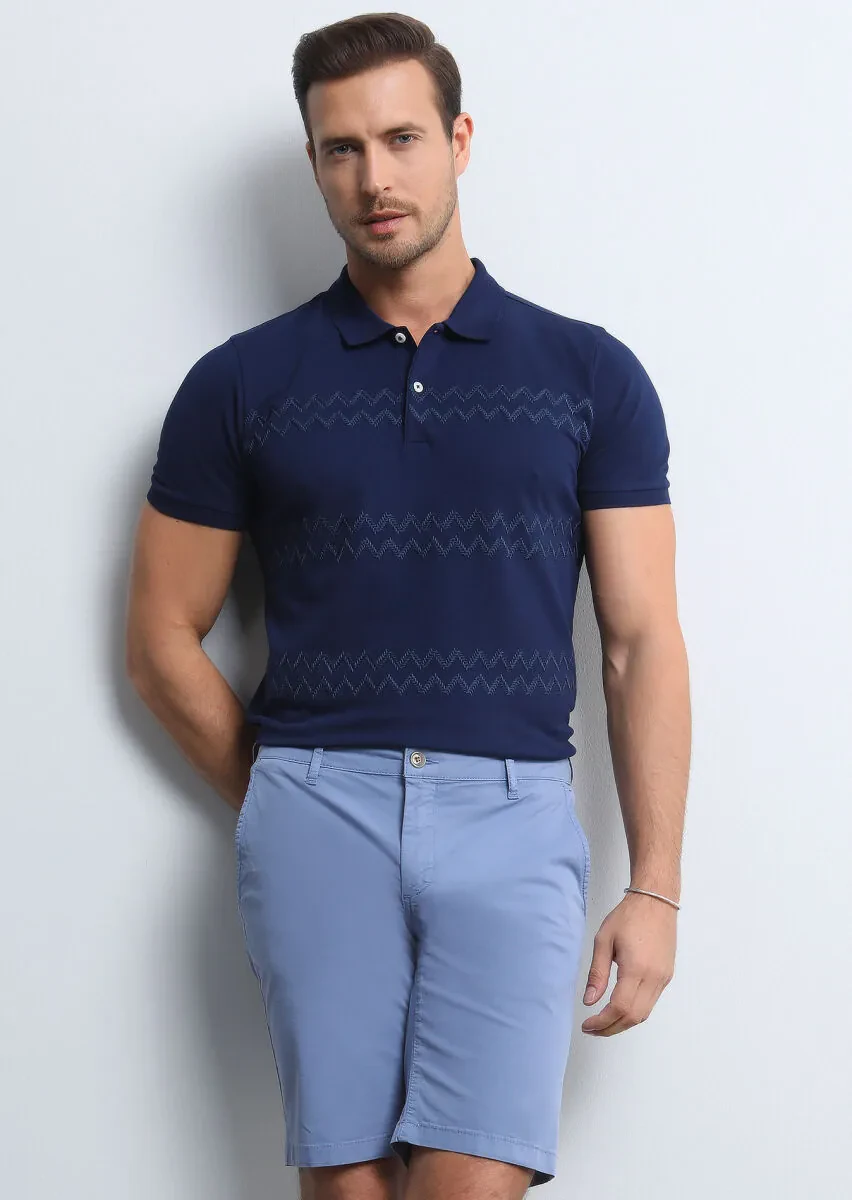 Navy Blue Patterned Polo Neck 100% Cotton T-Shirt - 3