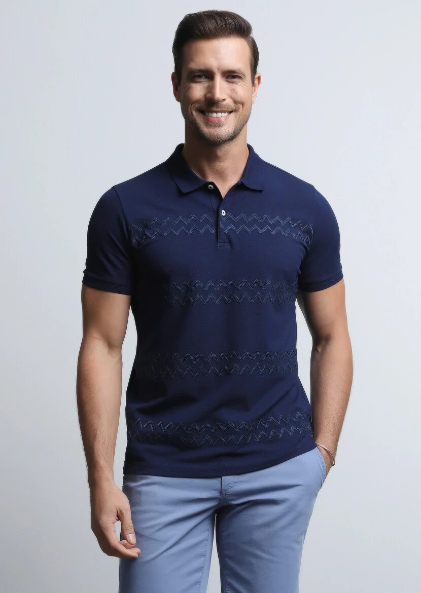 Navy Blue Patterned Polo Neck 100% Cotton T-Shirt - 4