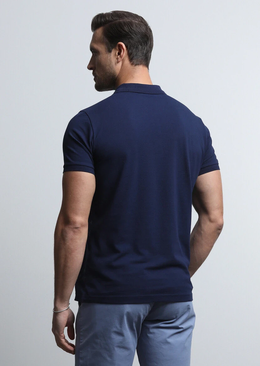 Navy Blue Patterned Polo Neck 100% Cotton T-Shirt - 5