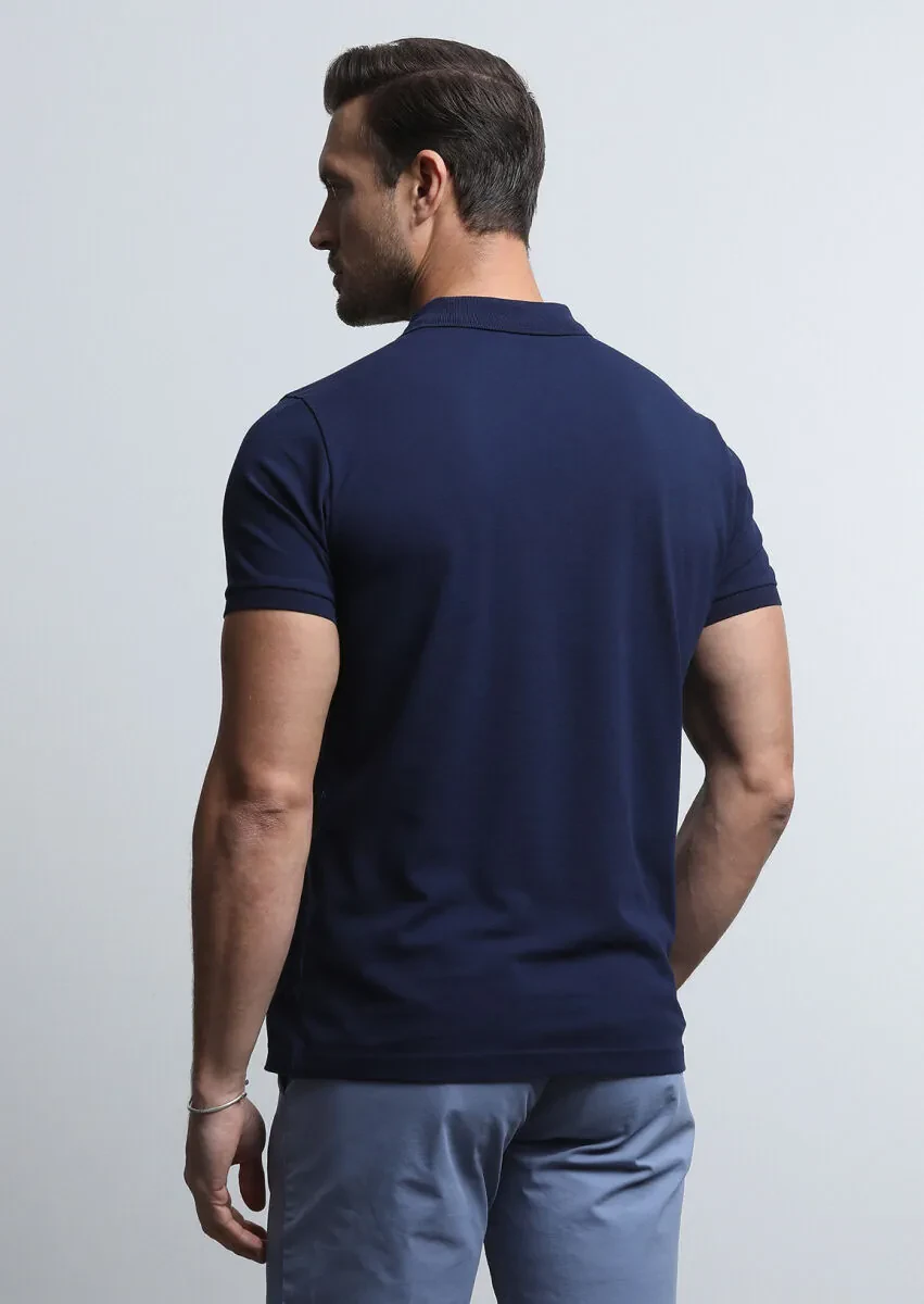 Navy Blue Patterned Polo Neck 100% Cotton T-Shirt - 5