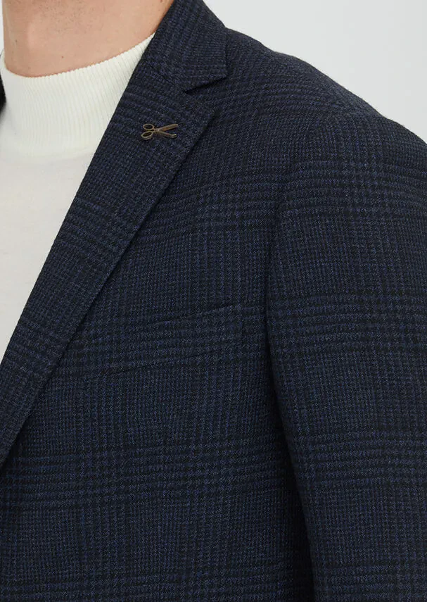 Navy Blue Patterned Regular Fit 100% Wool Jacket - 3