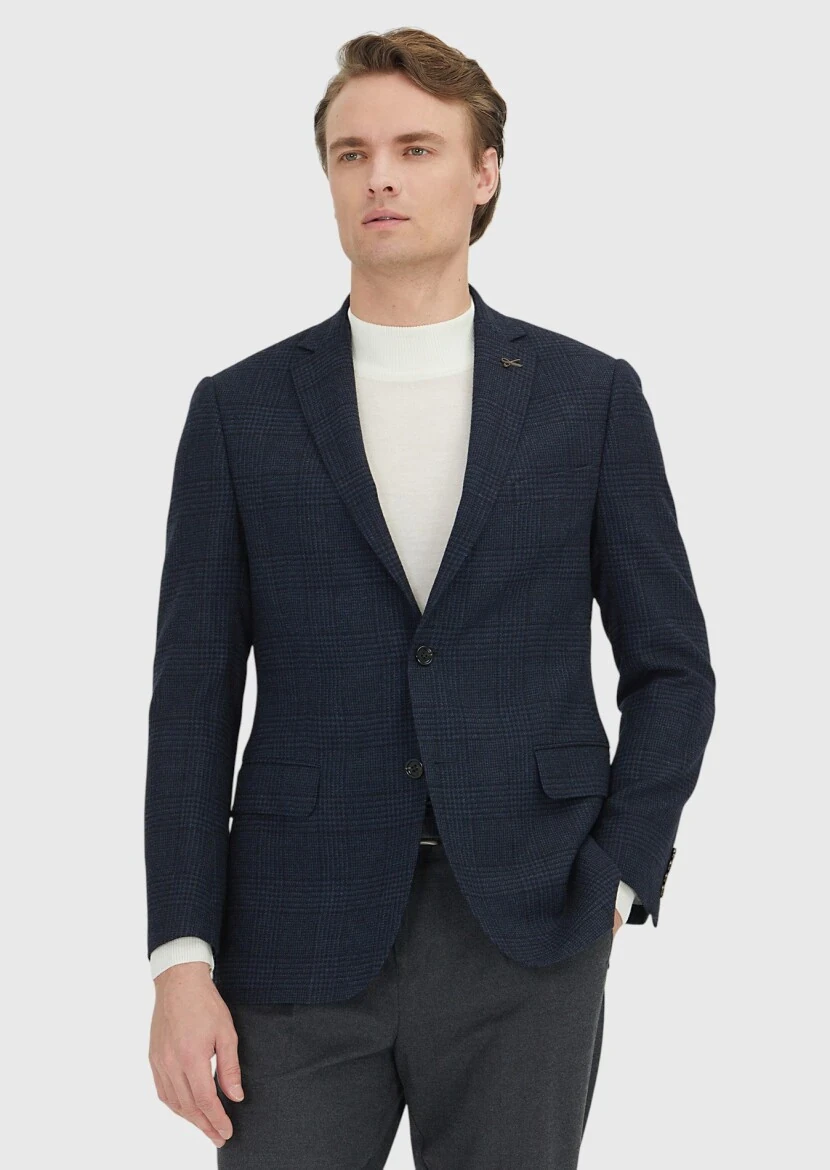Navy Blue Patterned Regular Fit 100% Wool Jacket - RAMSEY