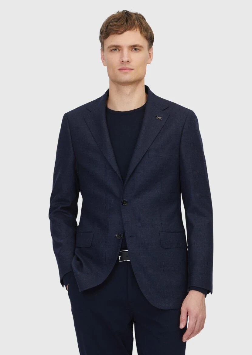 Navy Blue Patterned Regular Fit 100% Wool Jacket - RAMSEY