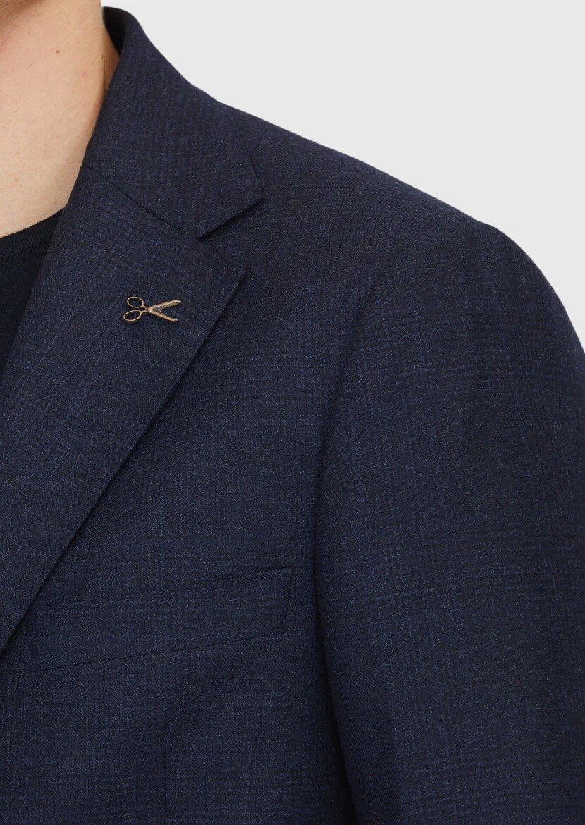 Navy Blue Patterned Regular Fit 100% Wool Jacket - 5