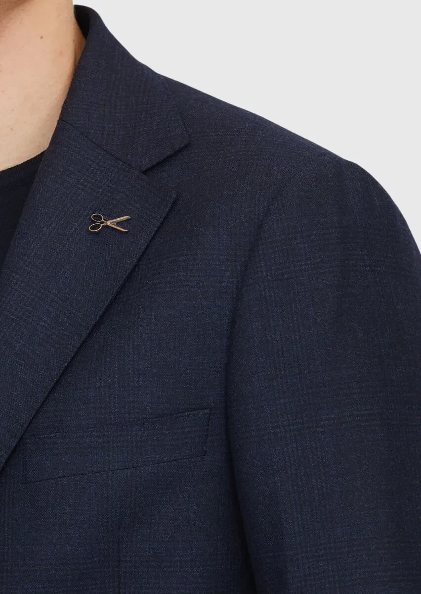 Navy Blue Patterned Regular Fit 100% Wool Jacket - 5