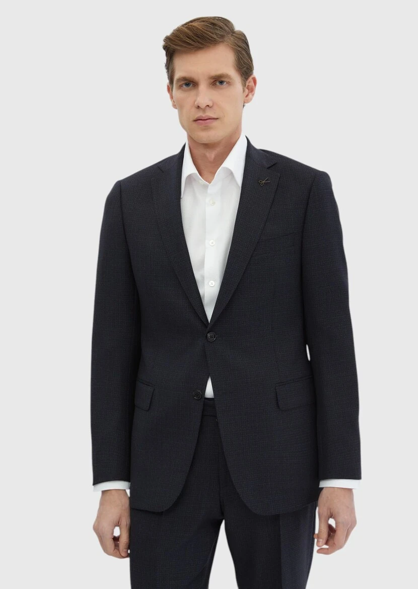 Navy Blue Patterned Regular Fit 100% Wool Suit - RAMSEY