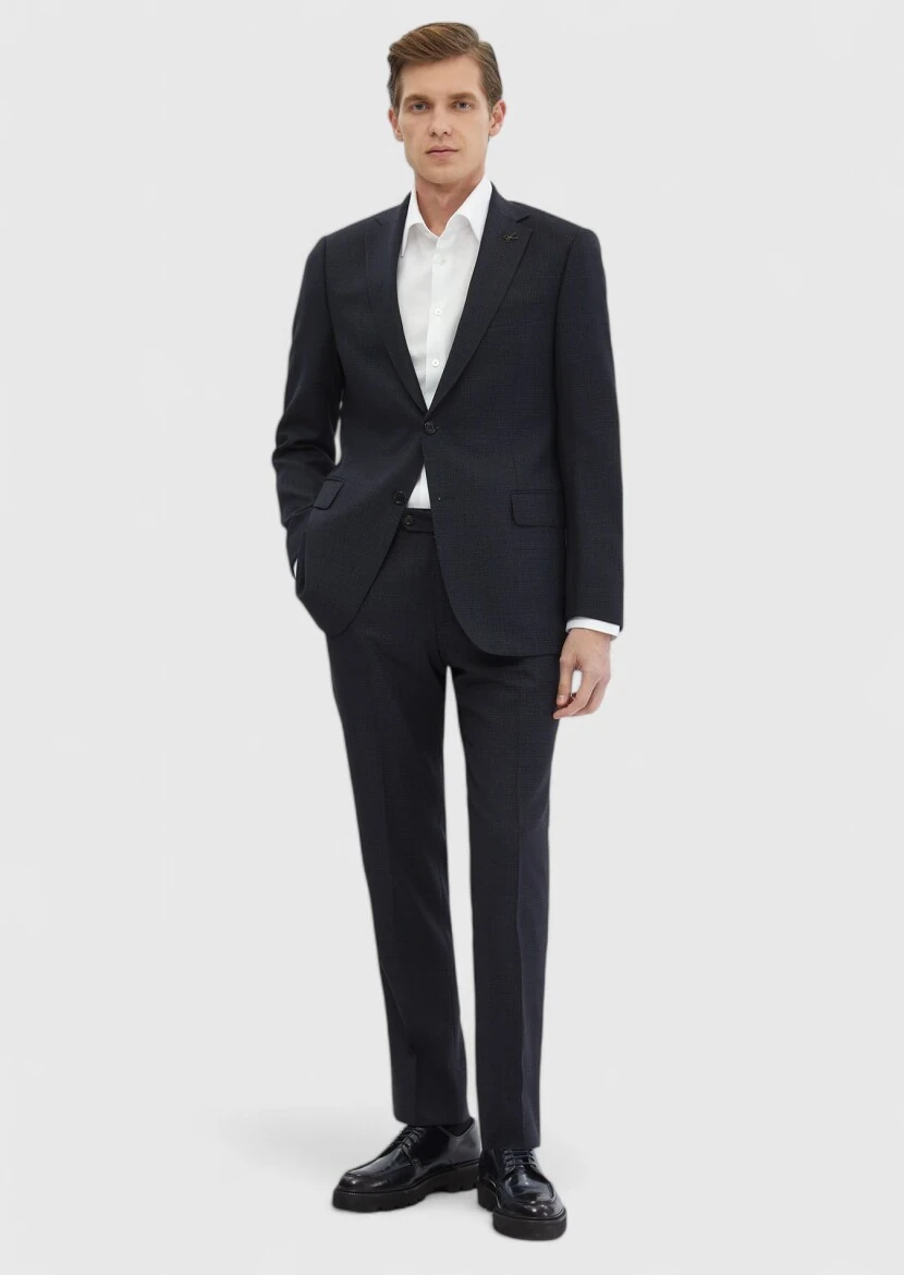 Navy Blue Patterned Regular Fit 100% Wool Suit - RAMSEY