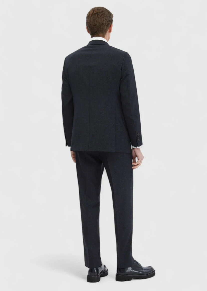 Navy Blue Patterned Regular Fit 100% Wool Suit - 8