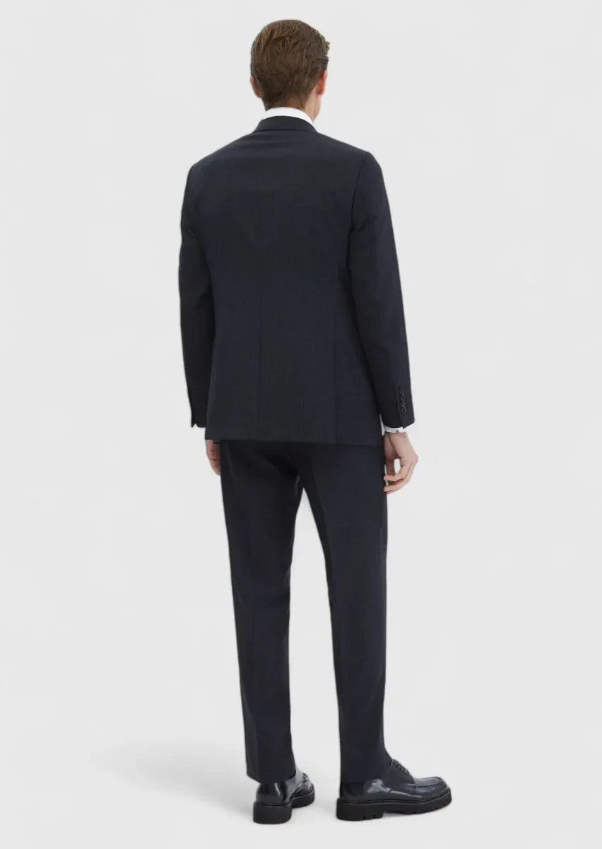 Navy Blue Patterned Regular Fit 100% Wool Suit - 8