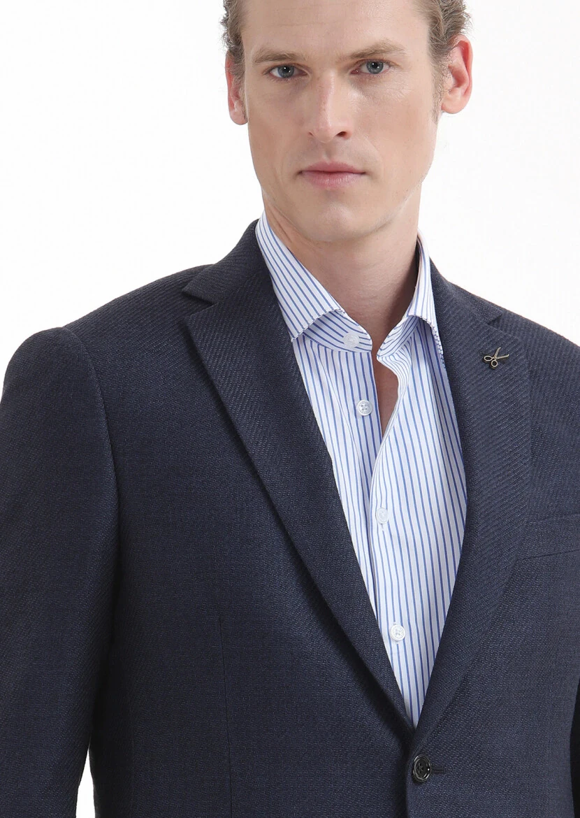 Navy Blue Patterned Regular Fit Cotton Blended Jacket - 3