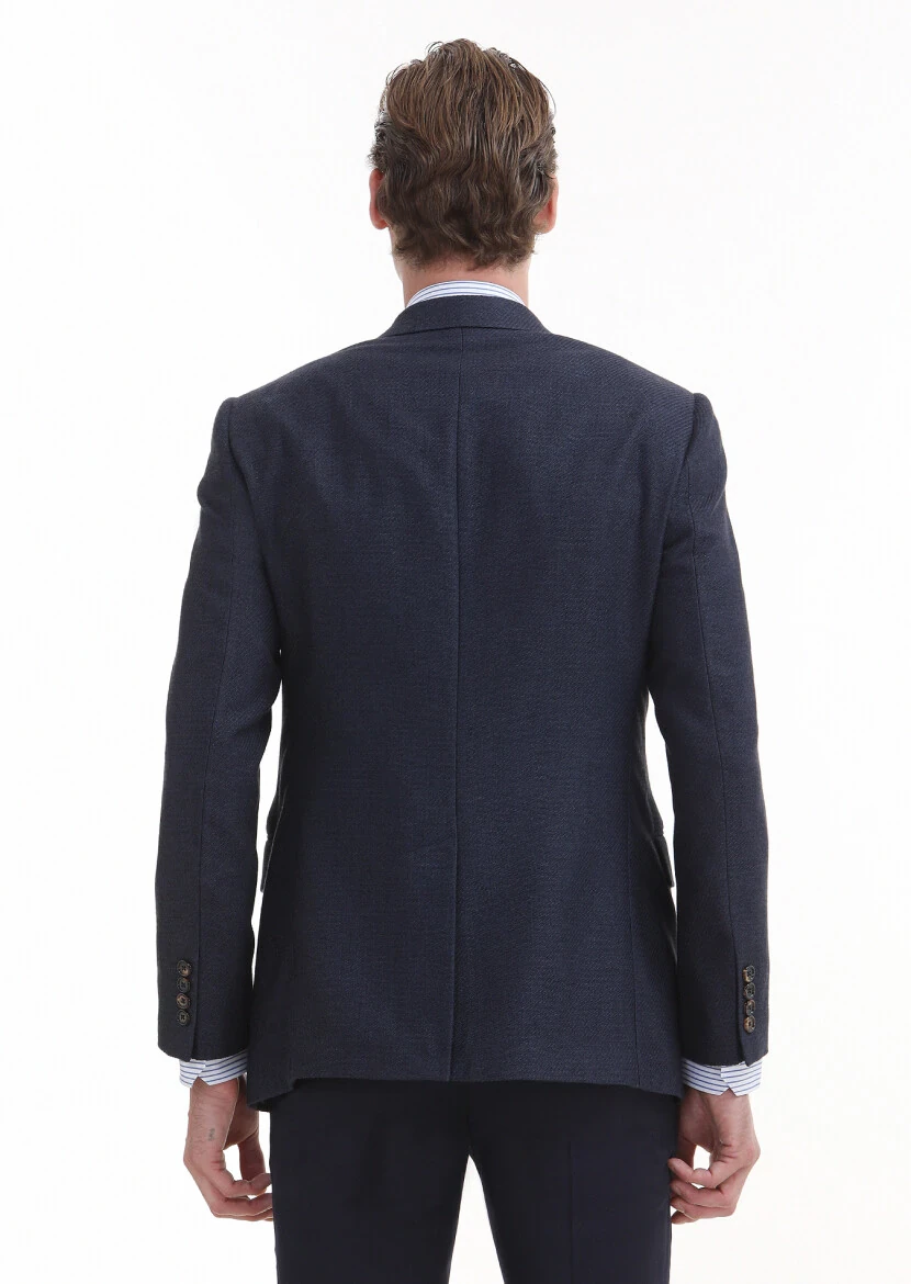 Navy Blue Patterned Regular Fit Cotton Blended Jacket - 5