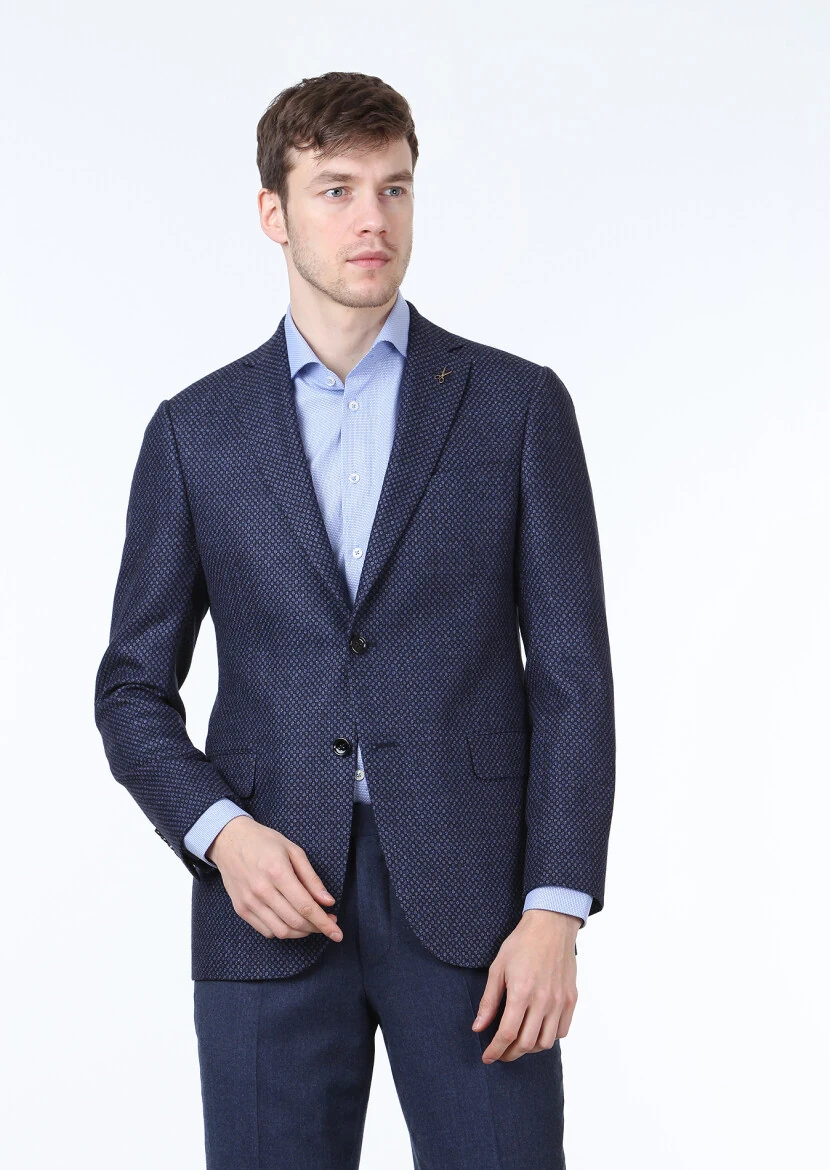 Navy Blue Patterned Regular Fit Silk Blended Jacket - 1