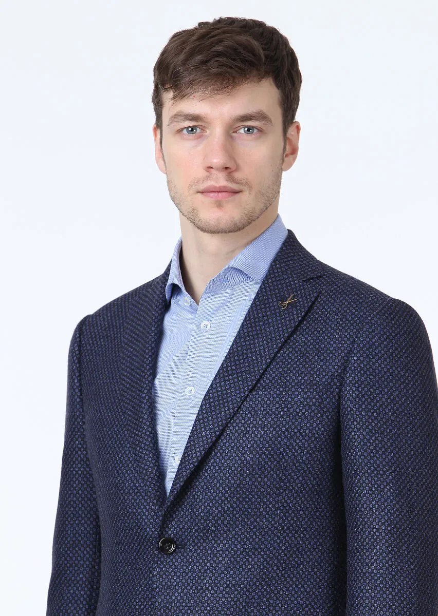 Navy Blue Patterned Regular Fit Silk Blended Jacket - 2