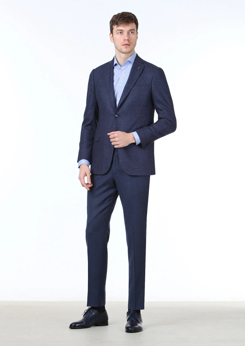 Navy Blue Patterned Regular Fit Silk Blended Jacket - 3