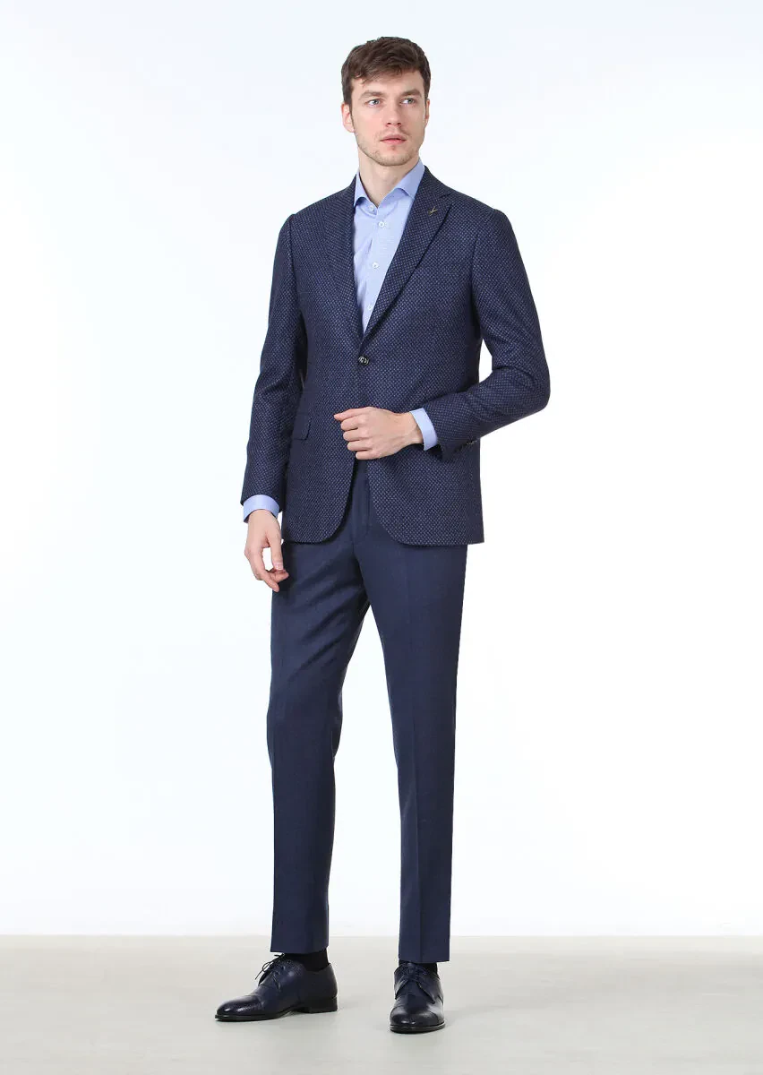 Navy Blue Patterned Regular Fit Silk Blended Jacket - 3