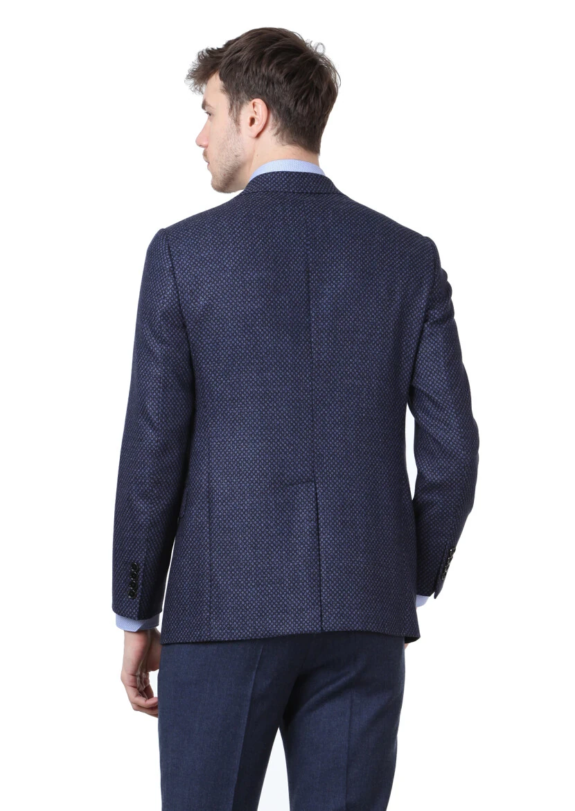 Navy Blue Patterned Regular Fit Silk Blended Jacket - 4