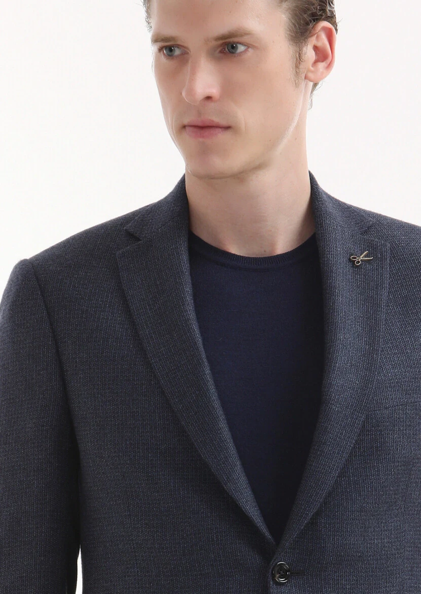 Navy Blue Patterned Regular Fit Silk Blended Jacket - 3