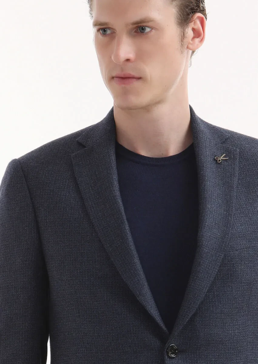 Navy Blue Patterned Regular Fit Silk Blended Jacket - 3