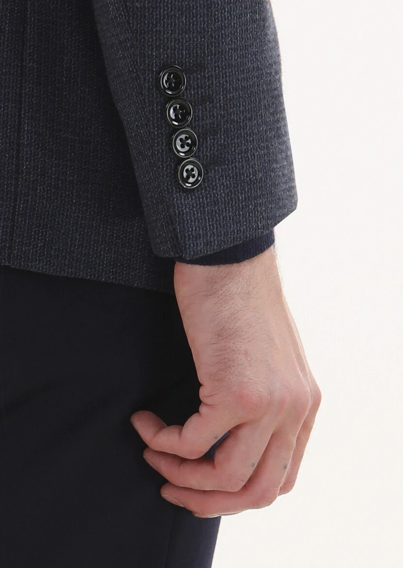 Navy Blue Patterned Regular Fit Silk Blended Jacket - 4