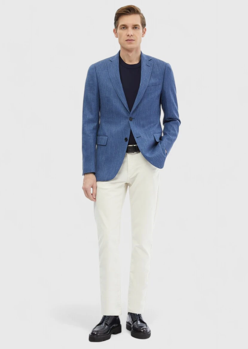 Navy Blue Patterned Regular Fit Silk Blended Jacket - RAMSEY