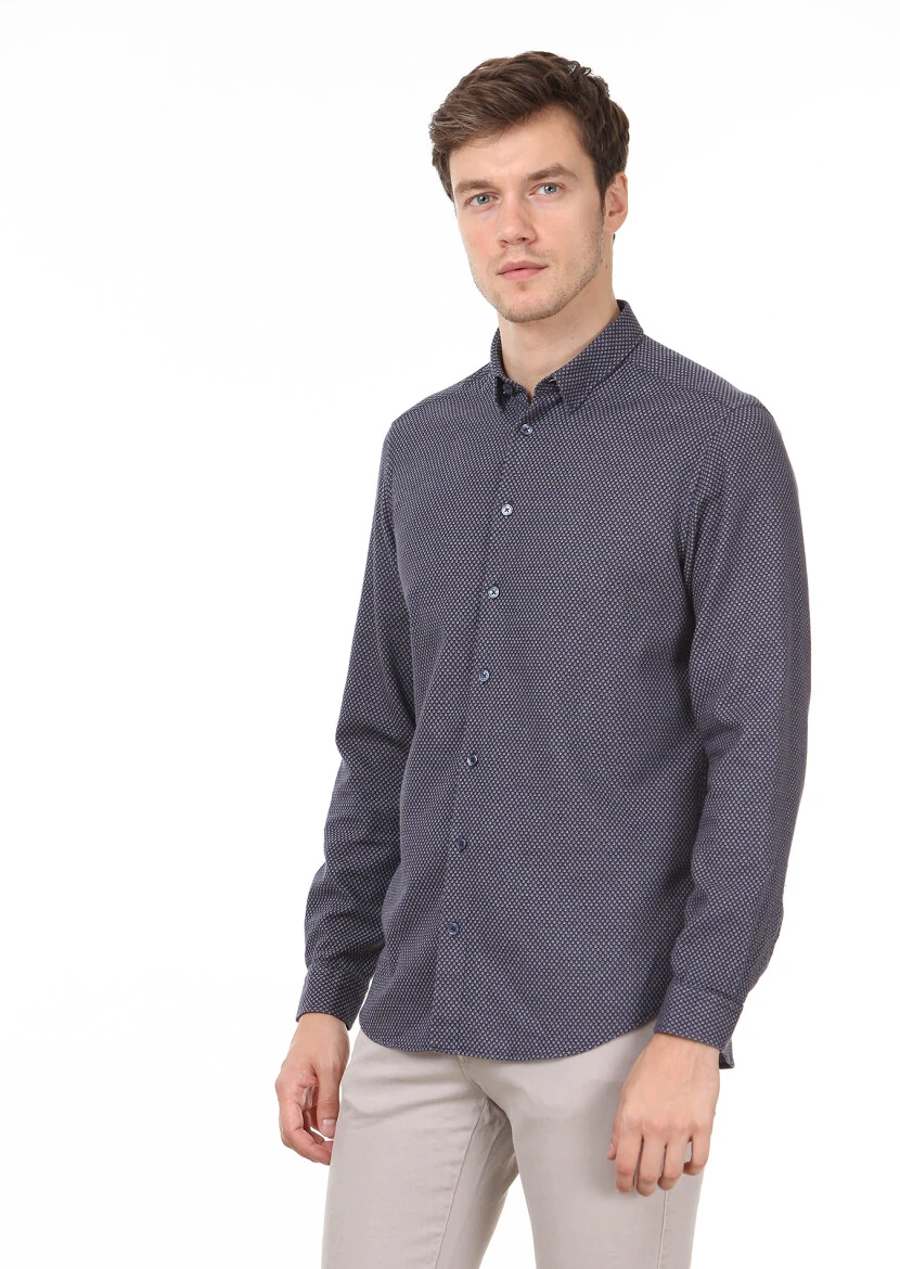Navy Blue Patterned Regular Fit Weaving Casual 100% Cotton Shirt - 1