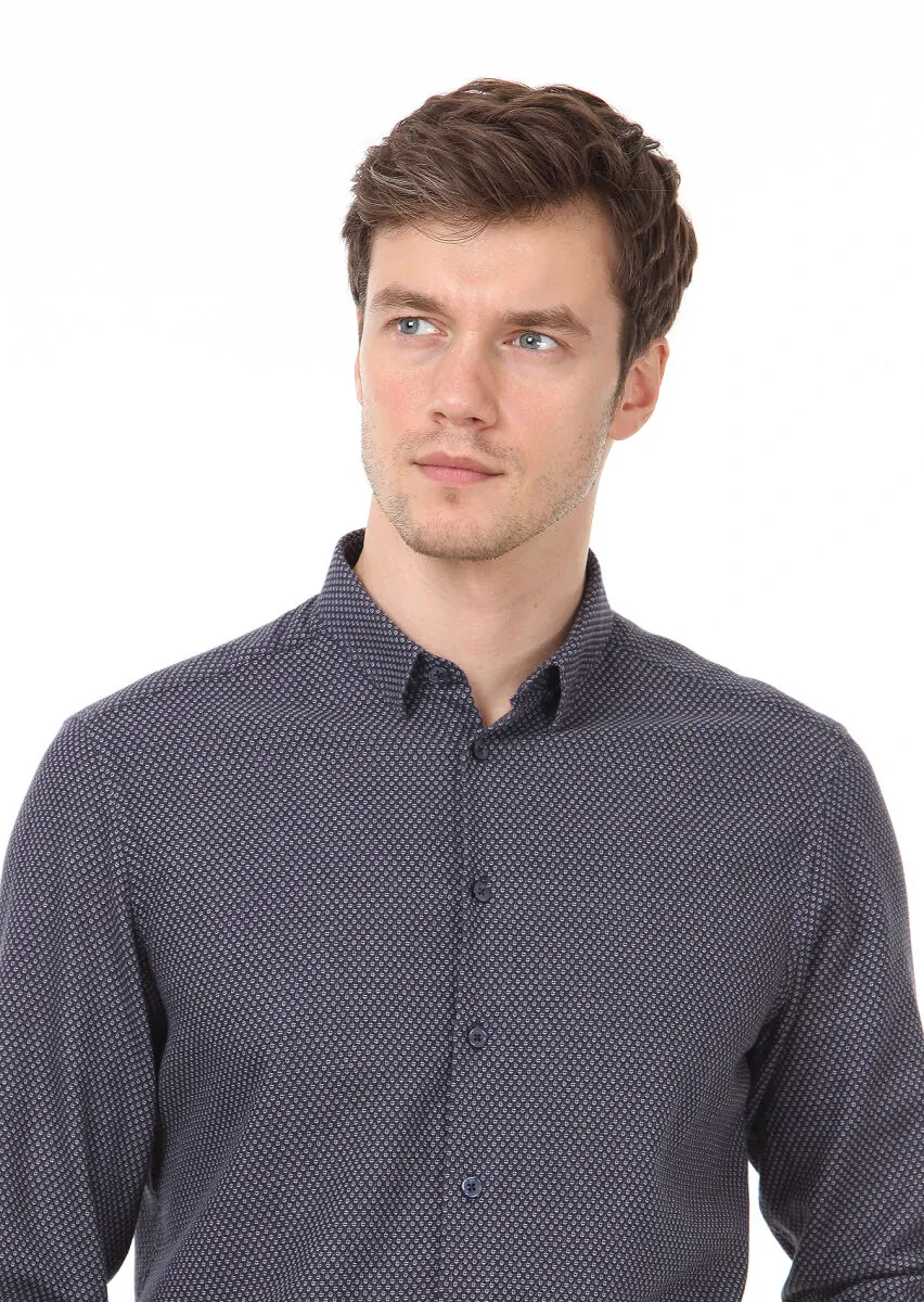 Navy Blue Patterned Regular Fit Weaving Casual 100% Cotton Shirt - 2
